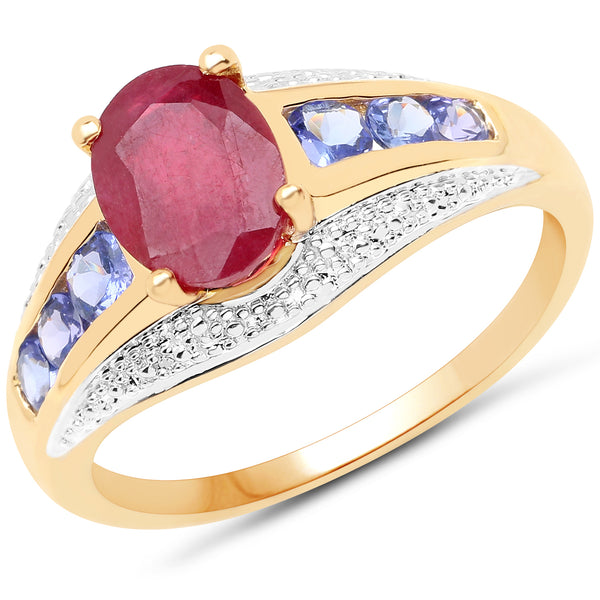 14K Yellow Gold Plated Glass Filled Ruby and Tanzanite Sterling Silver Ring