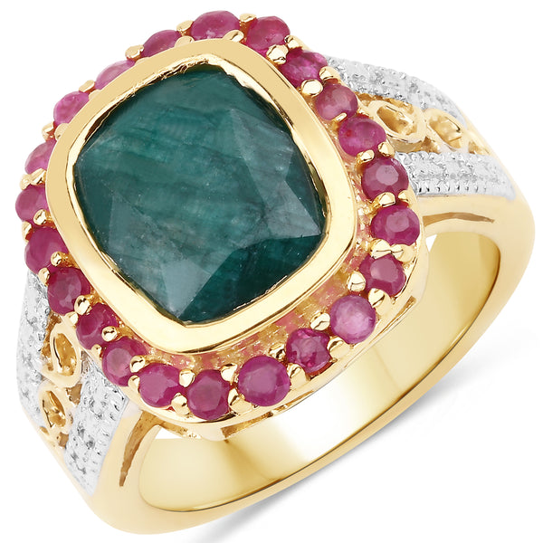 14K Yellow Gold Plated Dyed Emerald and Ruby Sterling Silver Ring
