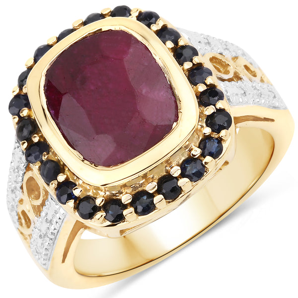 14K Yellow Gold Plated Dyed Ruby and Blue Sapphire Sterling Silver Halo Ring