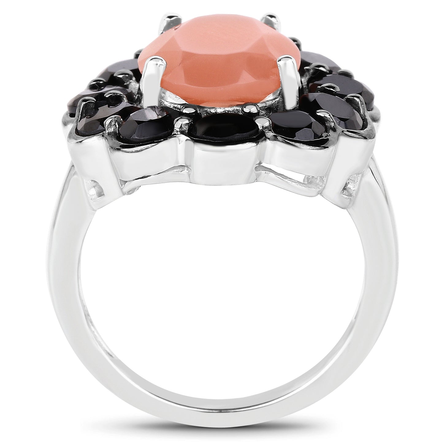 Genuine Peach Moonstone and Black Spinel Sterling Silver Halo Ring