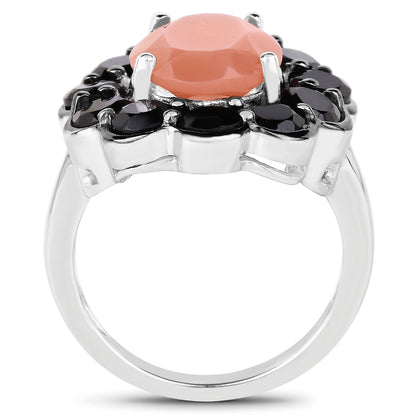 Genuine Peach Moonstone and Black Spinel Sterling Silver Halo Ring