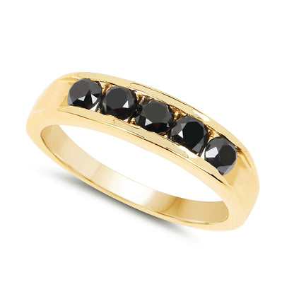 Genuine 14K Yellow Gold Plated Plated Black Diamond 5-Stone Sterling Silver Channel Set Ring