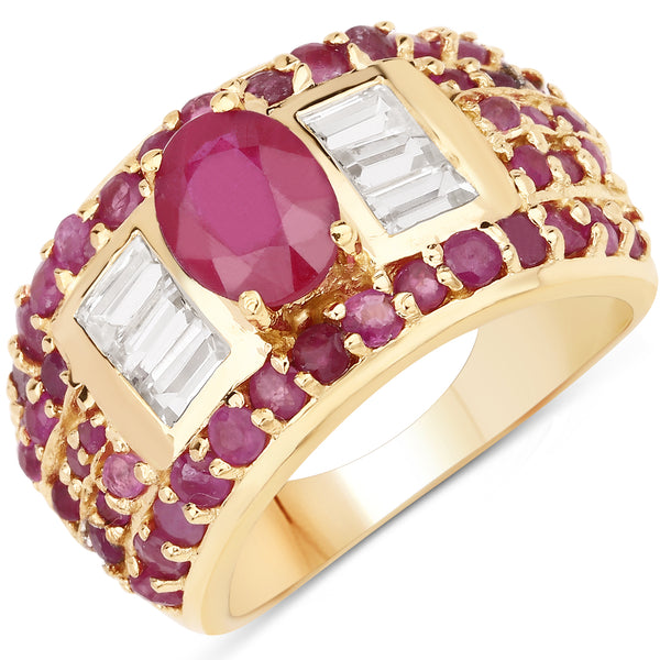 14K Yellow Gold Plated Glass Filled Ruby and White Topaz Sterling Silver Ring
