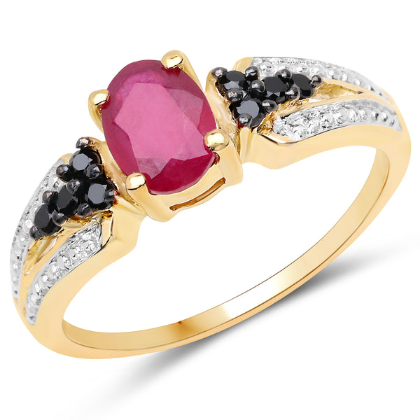 14K Yellow Gold Plated Glass Filled Ruby and Black Spinel Sterling Silver Bridge Ring