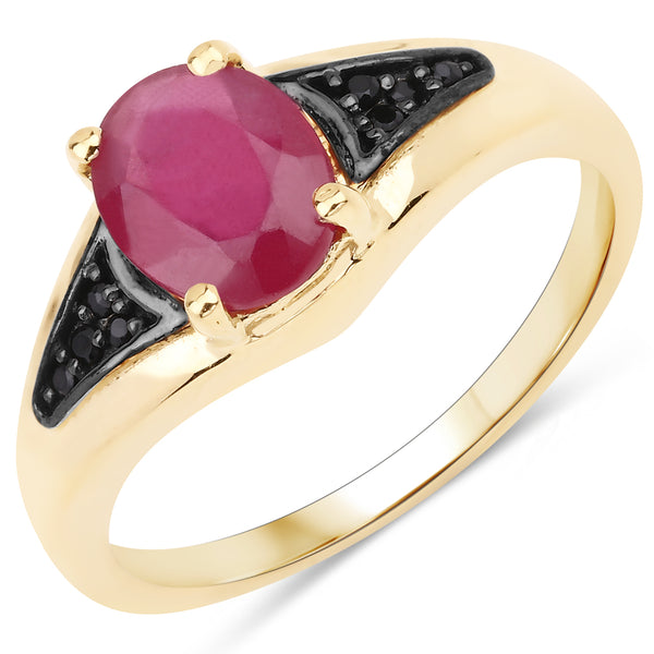 14K Yellow Gold Plated Glass Filled Ruby and Black Spinel Sterling Silver Bridge Ring