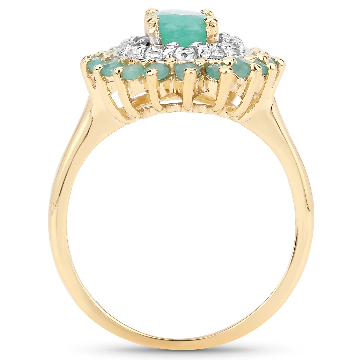 Genuine 14K Yellow Gold Plated Emerald and White Topaz Sterling Silver Halo Ring