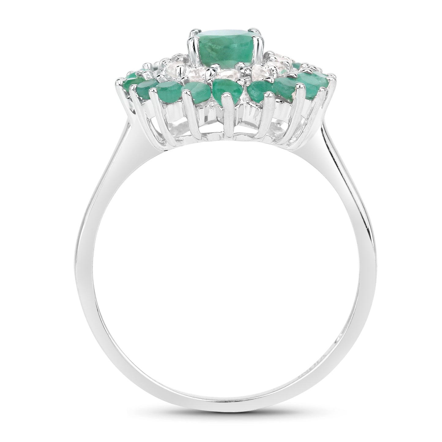 Genuine Emerald and White Topaz Sterling Silver Halo Ring