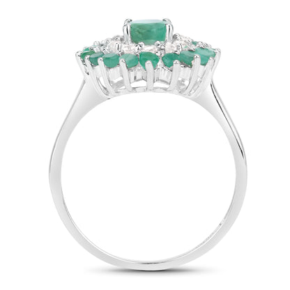 Genuine Emerald and White Topaz Sterling Silver Halo Ring