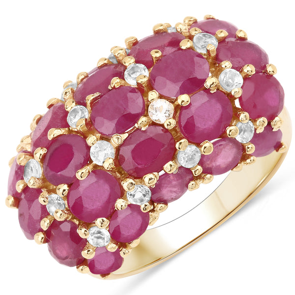 14K Yellow Gold Plated Glass Filled Ruby and White Topaz Sterling Silver Dome Ring