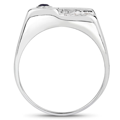 Genuine Blue Sapphire and Champagne Diamond Sterling Silver Men's Ring