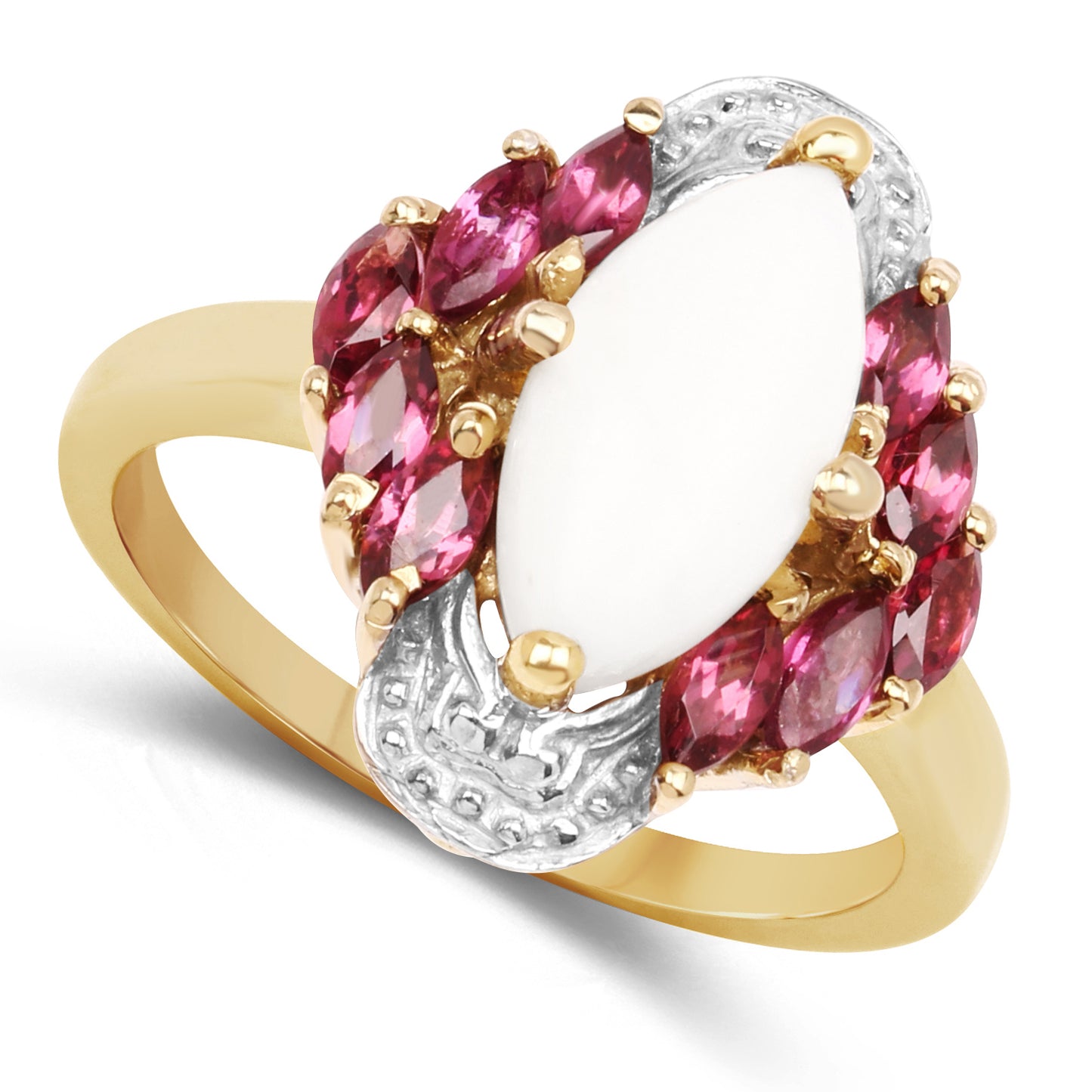 Genuine 14K Yellow Gold Plated Opal and Rhodolite Sterling Silver Ring