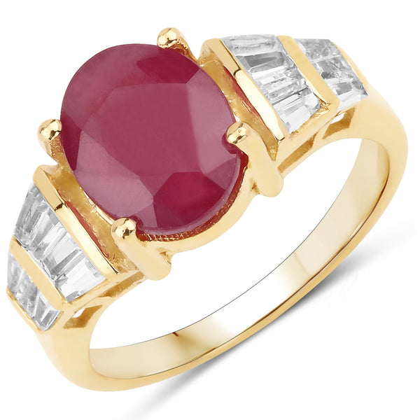 14K Yellow Gold Plated Glass Filled Ruby and White Topaz Sterling Silver Ring