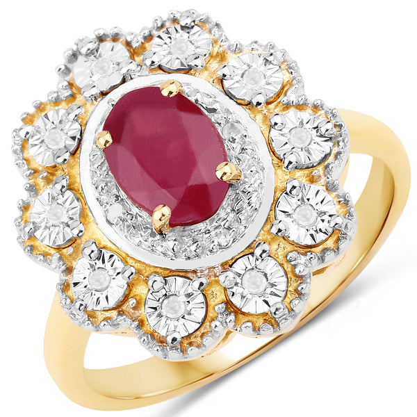 14K Yellow Gold Plated Glass Filled Ruby and White Diamond Sterling Silver Ring