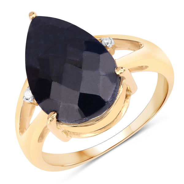 14K Yellow Gold Plated Dyed Sapphire and White Diamond Sterling Silver Ring